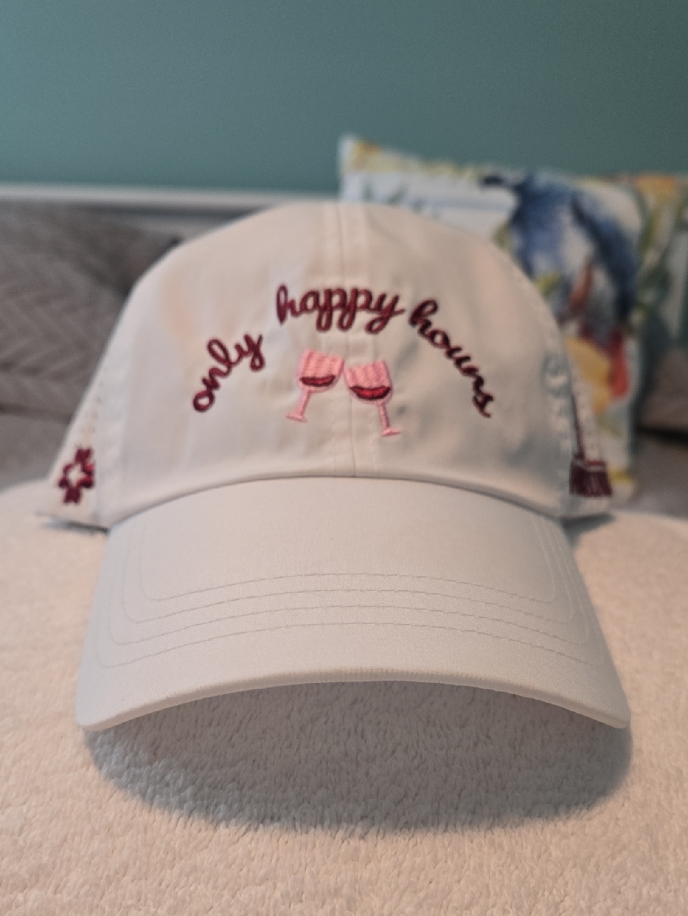 "Only Happy Hours" White Embroidered Baseball Cap